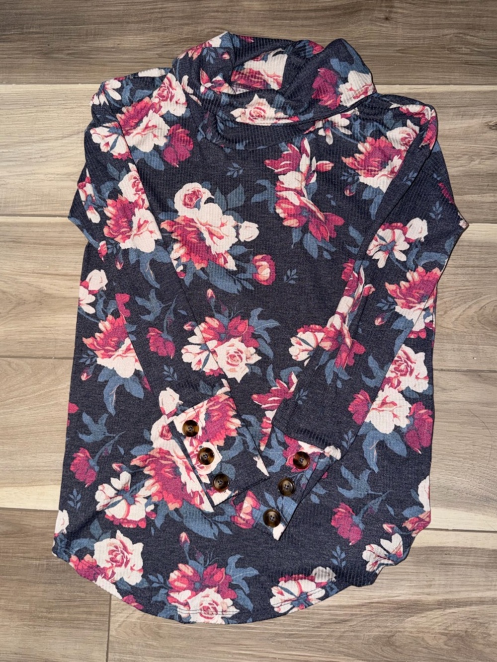 Floral Turtleneck Long-Sleeve Top in Navy and Pink